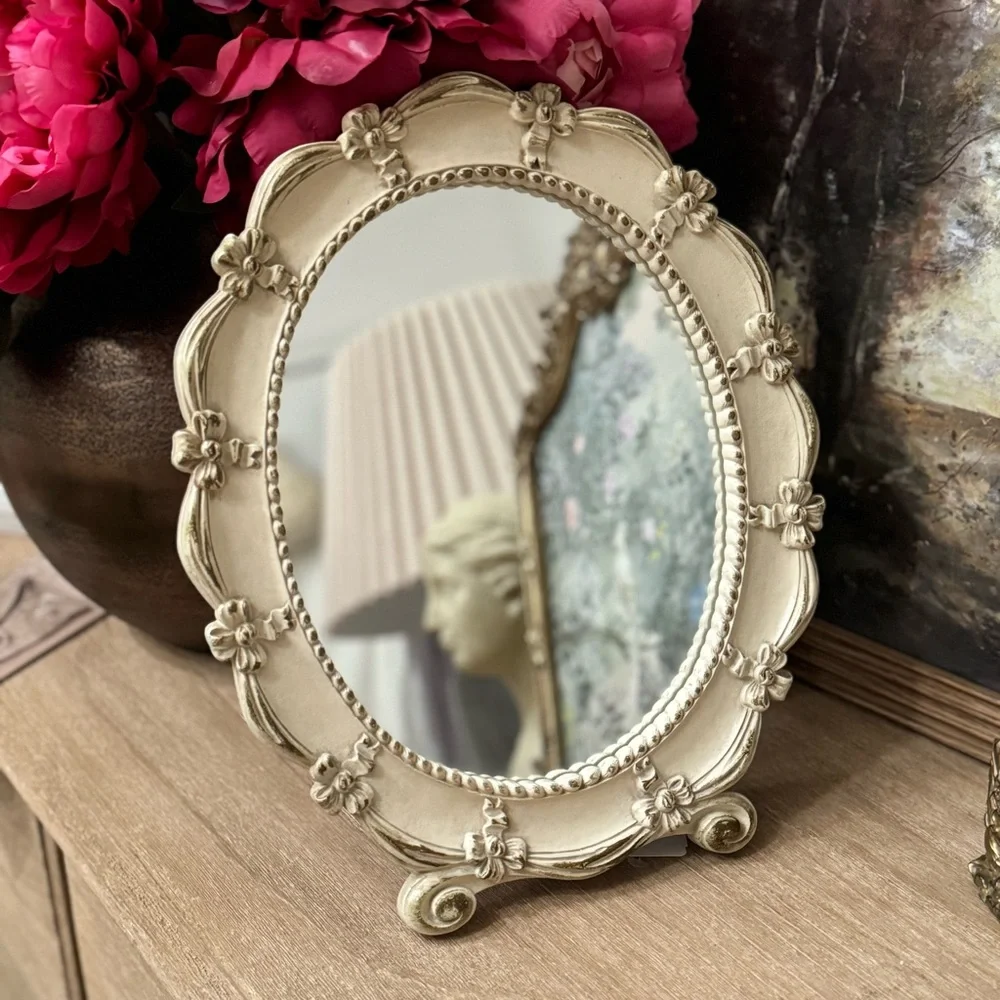Vintage Syroco Inc Weathered Off White Easel Vanity Oval Mirrored
